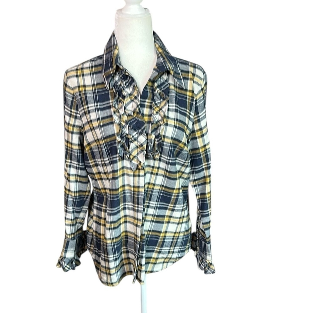 CAbi Navy and Yellow Plaid Ruffle Shirt